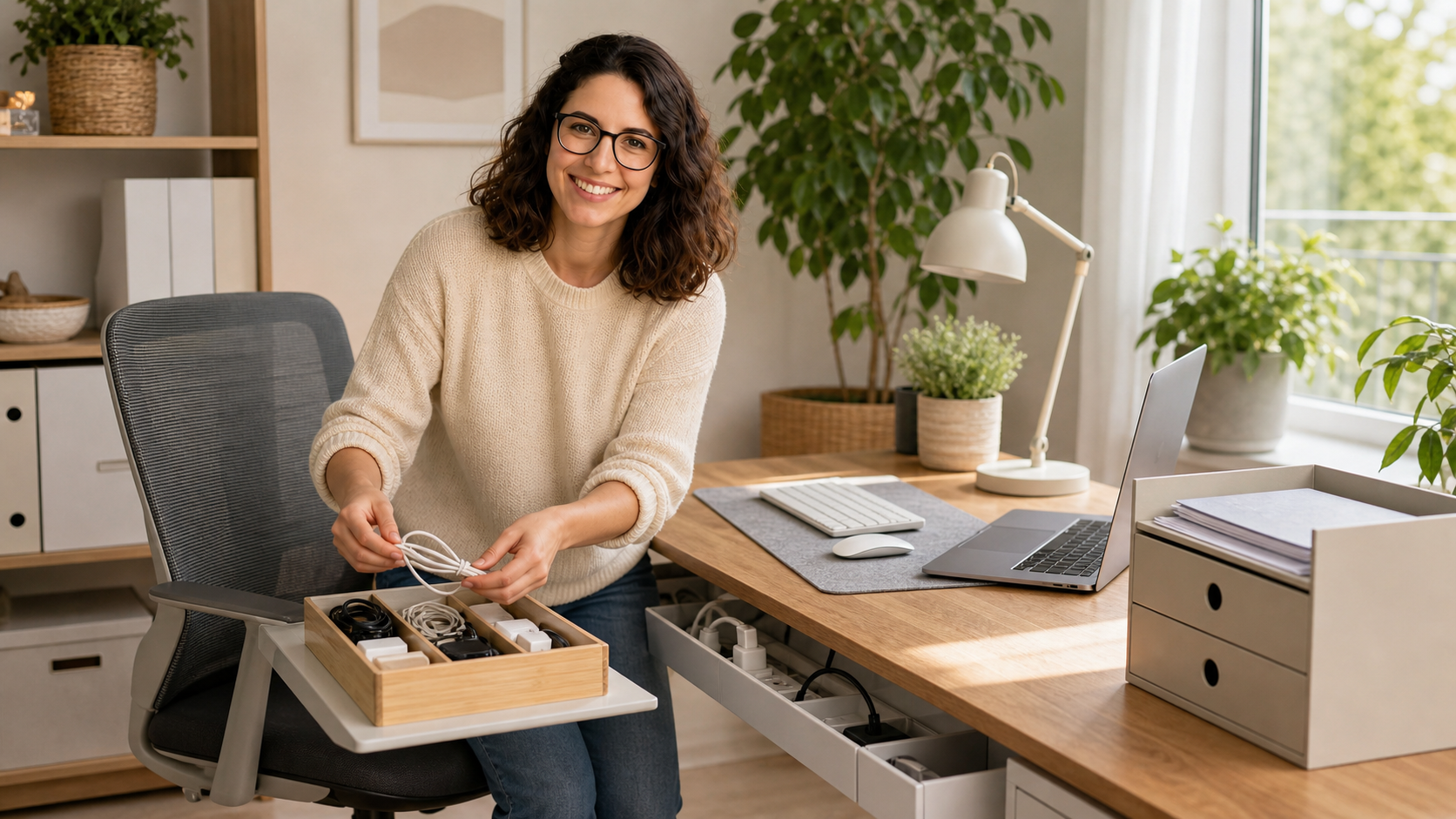 Saisonale Wohnidee zu Arbeitszimmer aufräumen vor dem Sommerloch: Kabel, Papier, Technik für Homeoffice