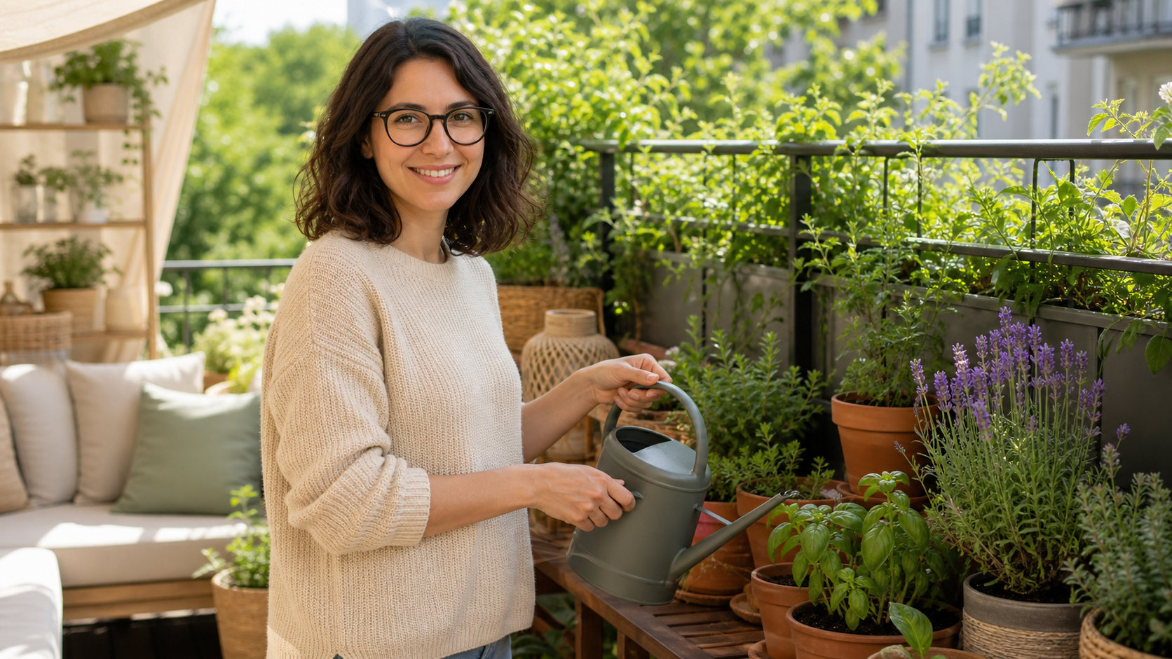Melina Klang prüft auf einem sommerlichen Balkon Pflanzen und Erde vor dem gründlichen Gießen