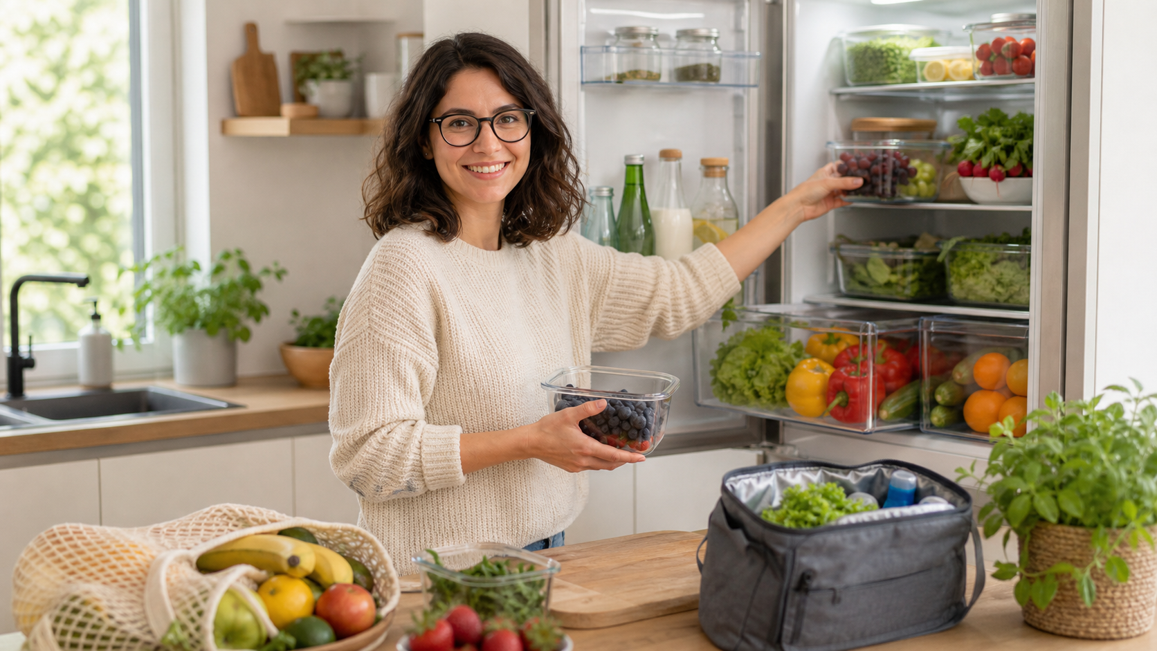Melina Klang räumt in einer hellen Sommerküche frische Lebensmittel in einen gut organisierten Kühlschrank ein