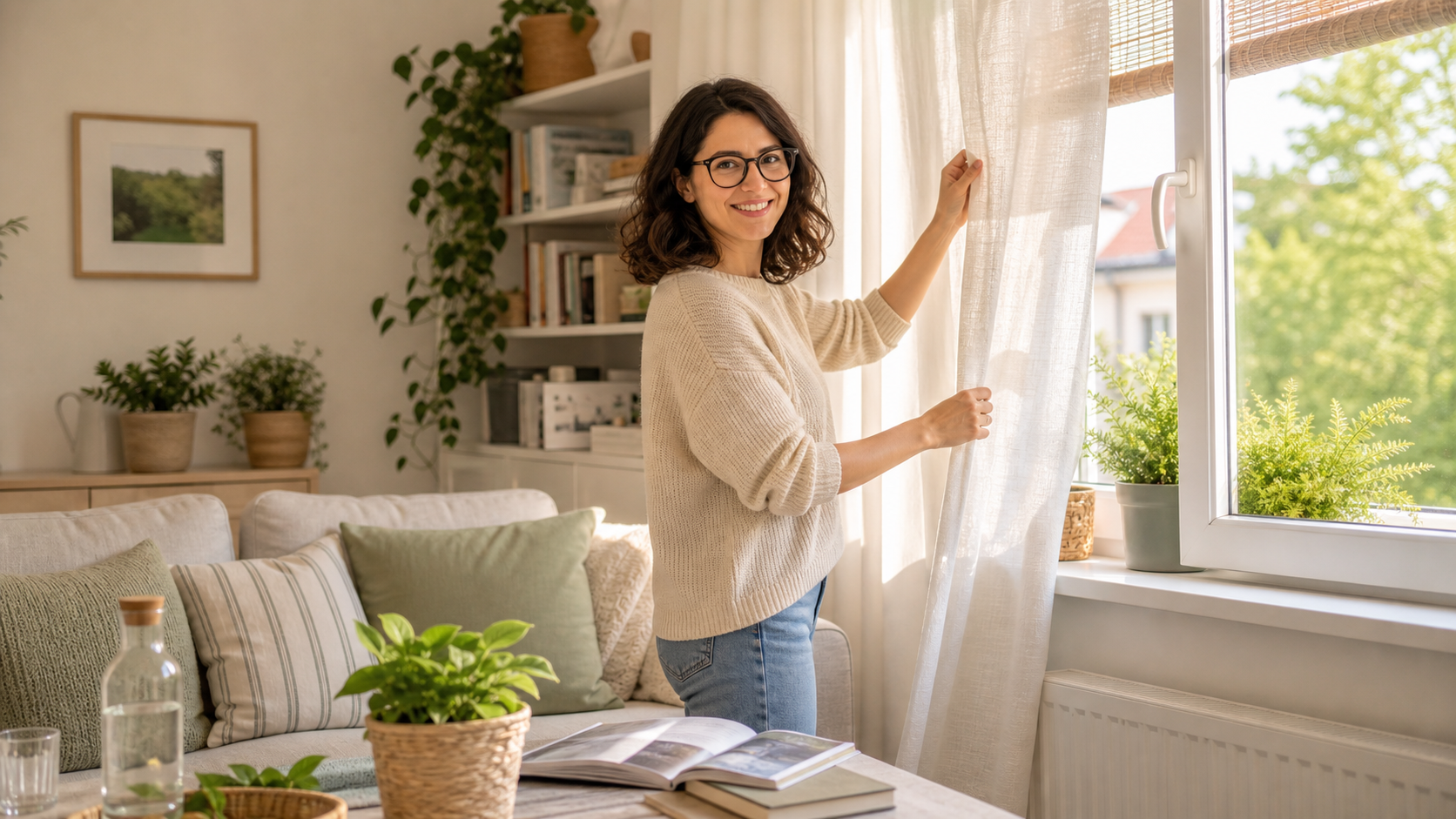 Melina Klang zieht in einem hellen Wohnzimmer einen leichten Vorhang als sommerlichen Sonnenschutz zu