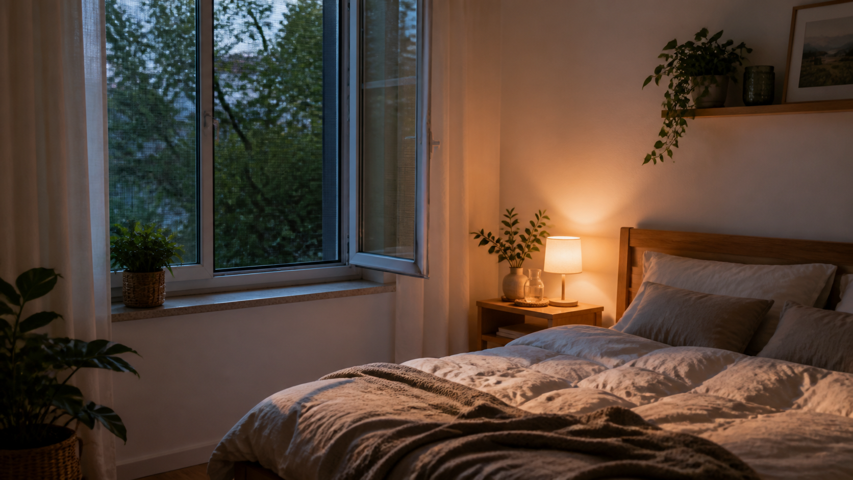 Ruhiges Sommer-Schlafzimmer mit leicht geöffnetem Fenster, Insektenschutz und hellen Leinenstoffen