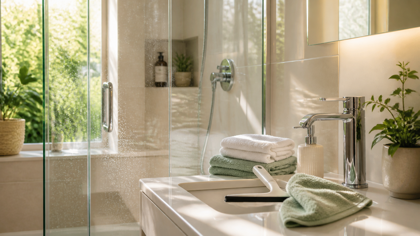 Helles Badezimmer mit Glasdusche, Armatur, Handtüchern und einfachen Pflegeutensilien gegen Wasserflecken