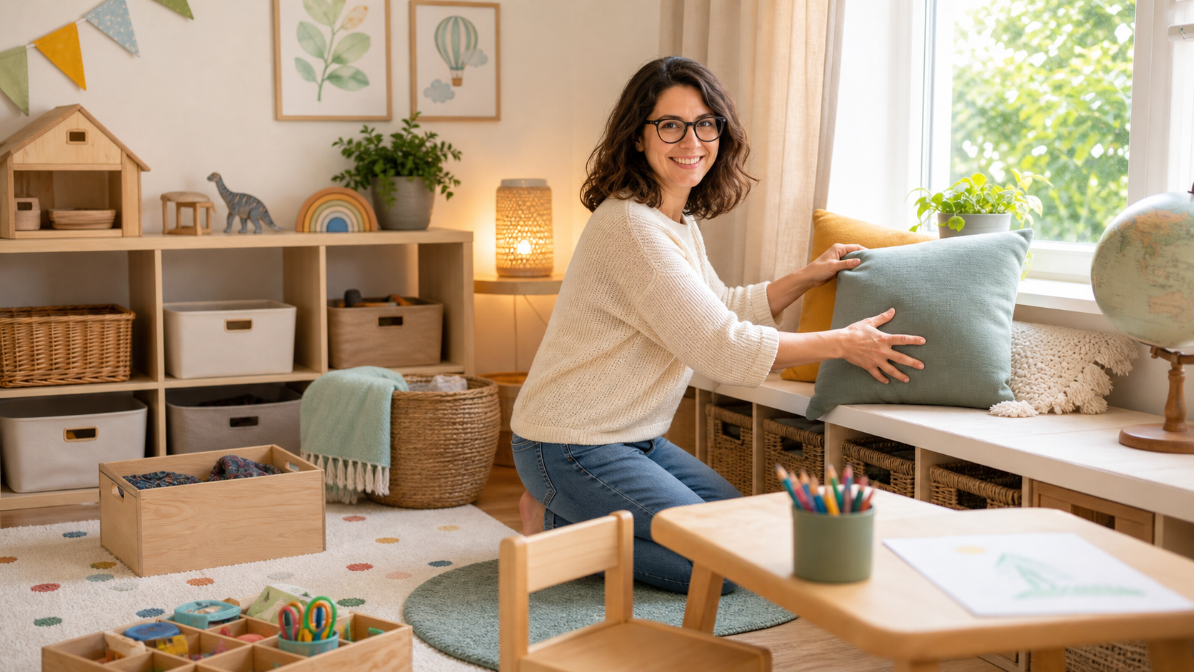 Melina Klang richtet in einem hellen Kinderzimmer eine Lese- und Spielzone für die Sommerferien ein
