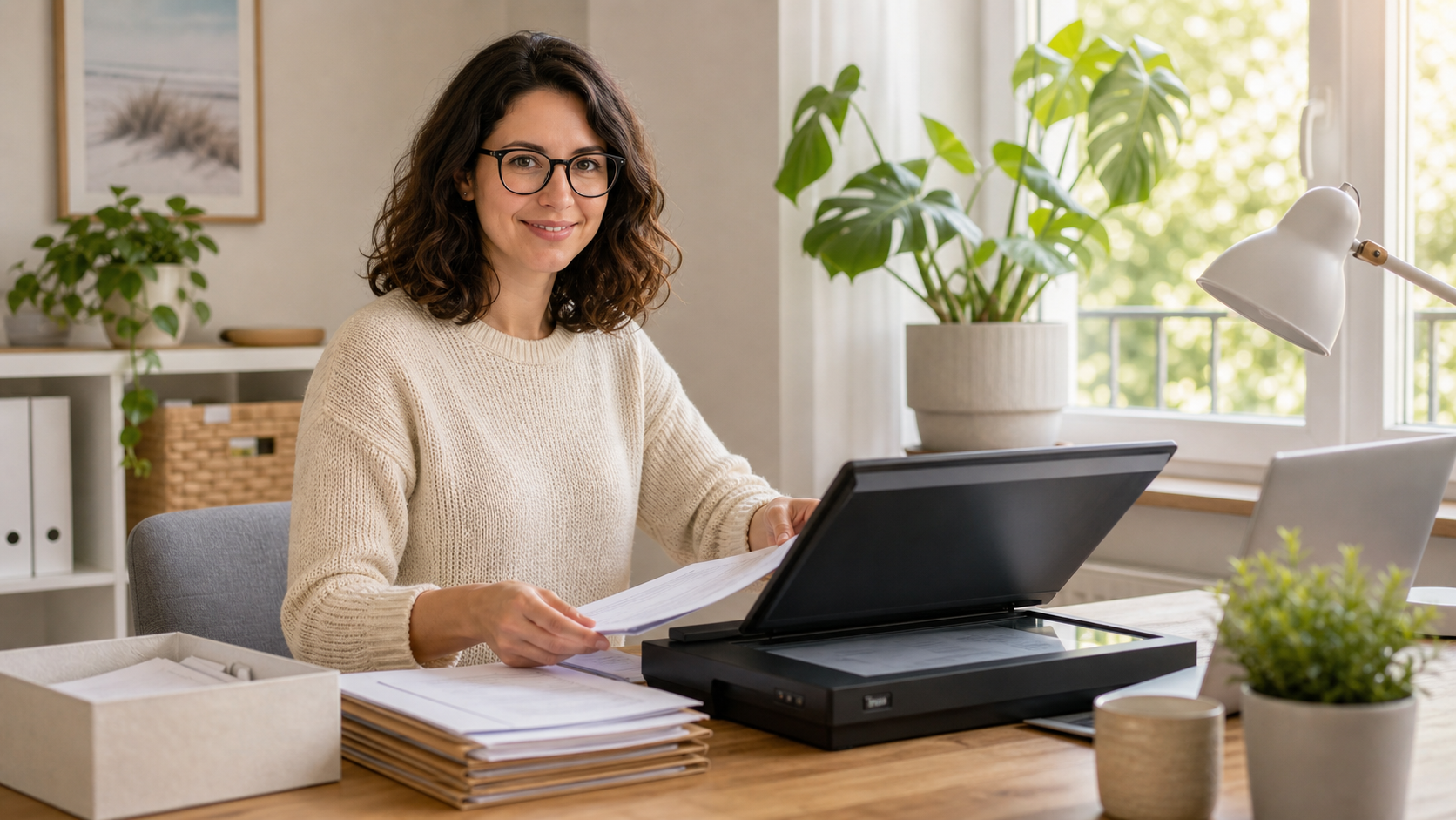 Melina Klang sortiert im hellen Homeoffice Papierstapel und bereitet Akten zum Digitalisieren vor