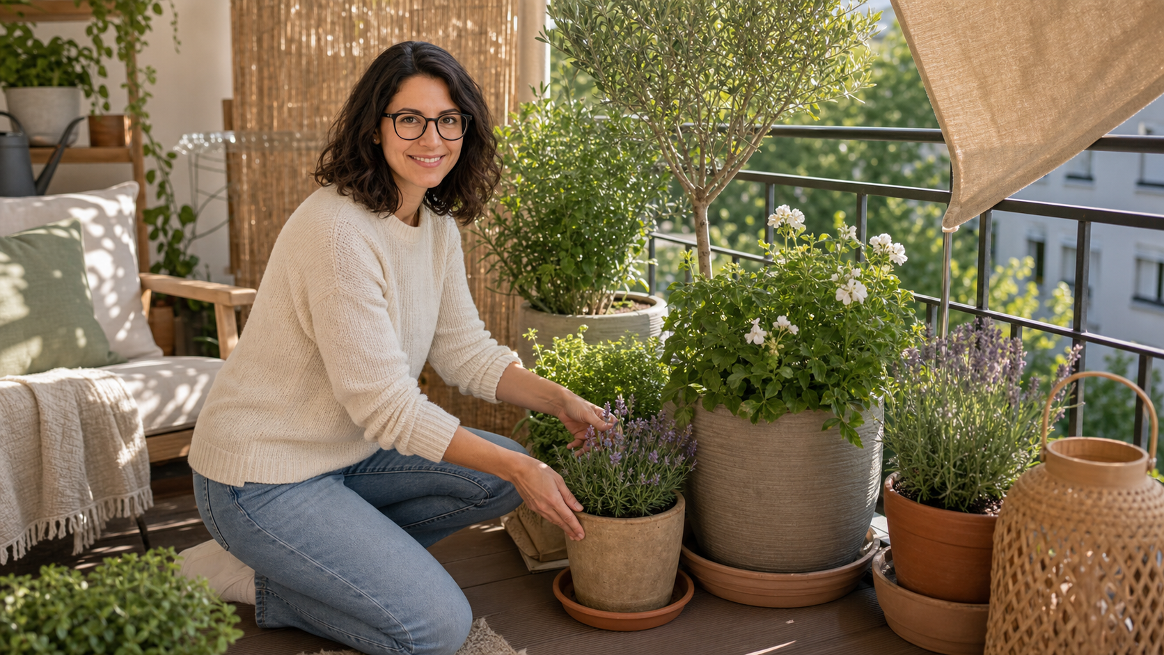 Melina Klang prüft auf einem sommerlichen Balkon Kübelpflanzen in unterschiedlichen Topfgrößen