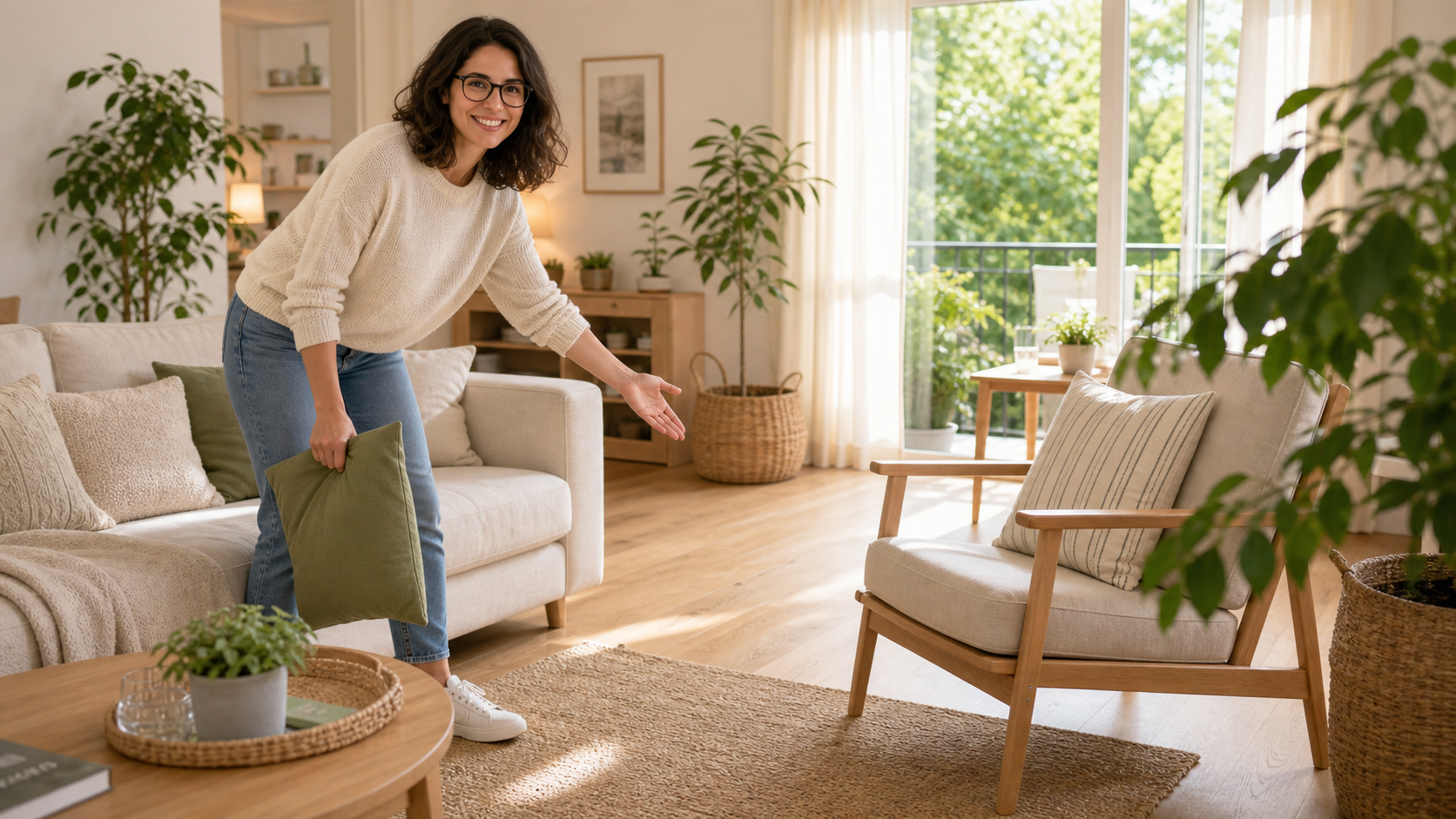 Melina Klang zeigt in einem hellen Wohnzimmer eine luftigere sommerliche Sitzordnung mit freien Laufwegen