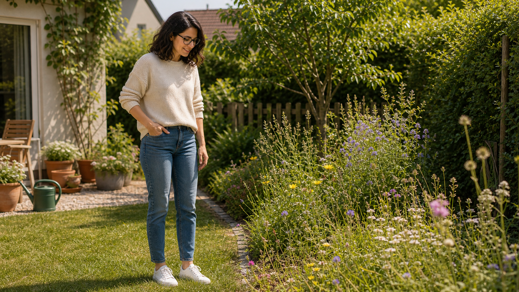 Melina Klang steht in einem sommerlichen Garten zwischen Rasenfläche und natürlichem Blumenwiesenstreifen