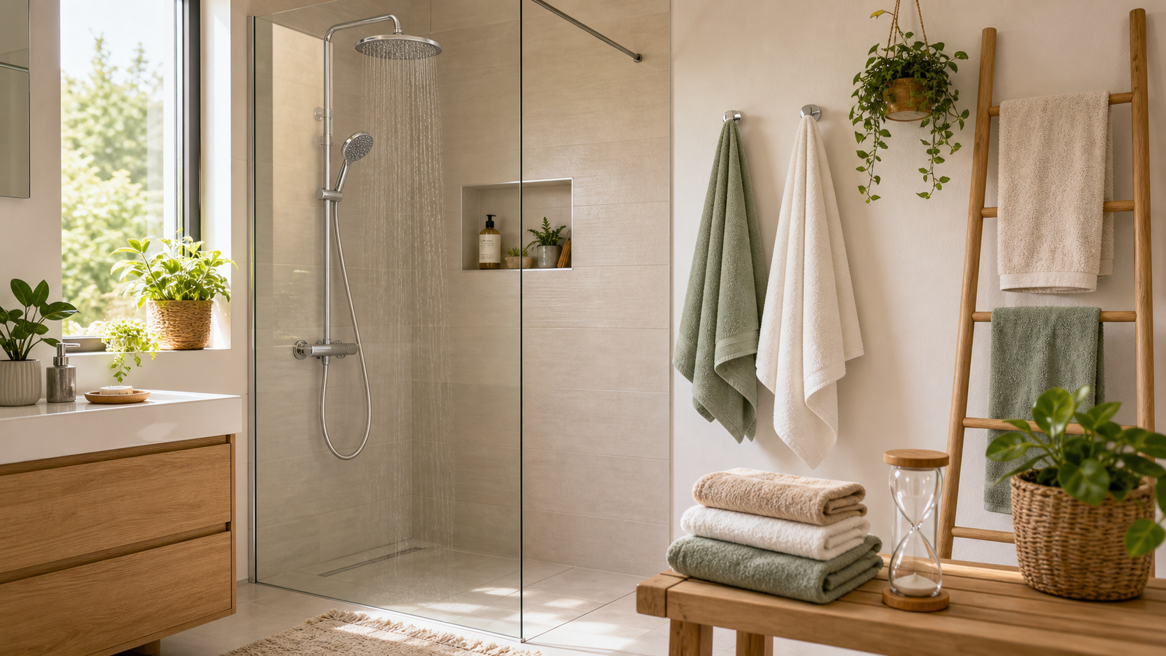 Helles Badezimmer mit Dusche, Handtüchern und einfachen Details für wassersparende Sommerroutine