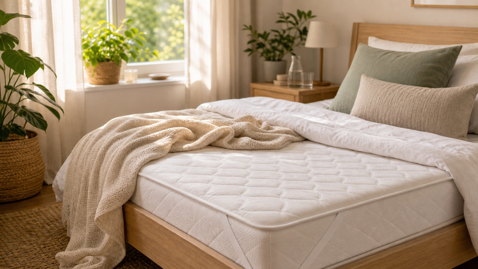 Sommerliches Schlafzimmer mit leichter Bettwäsche, dünner Decke und sichtbaren atmungsaktiven Schichten