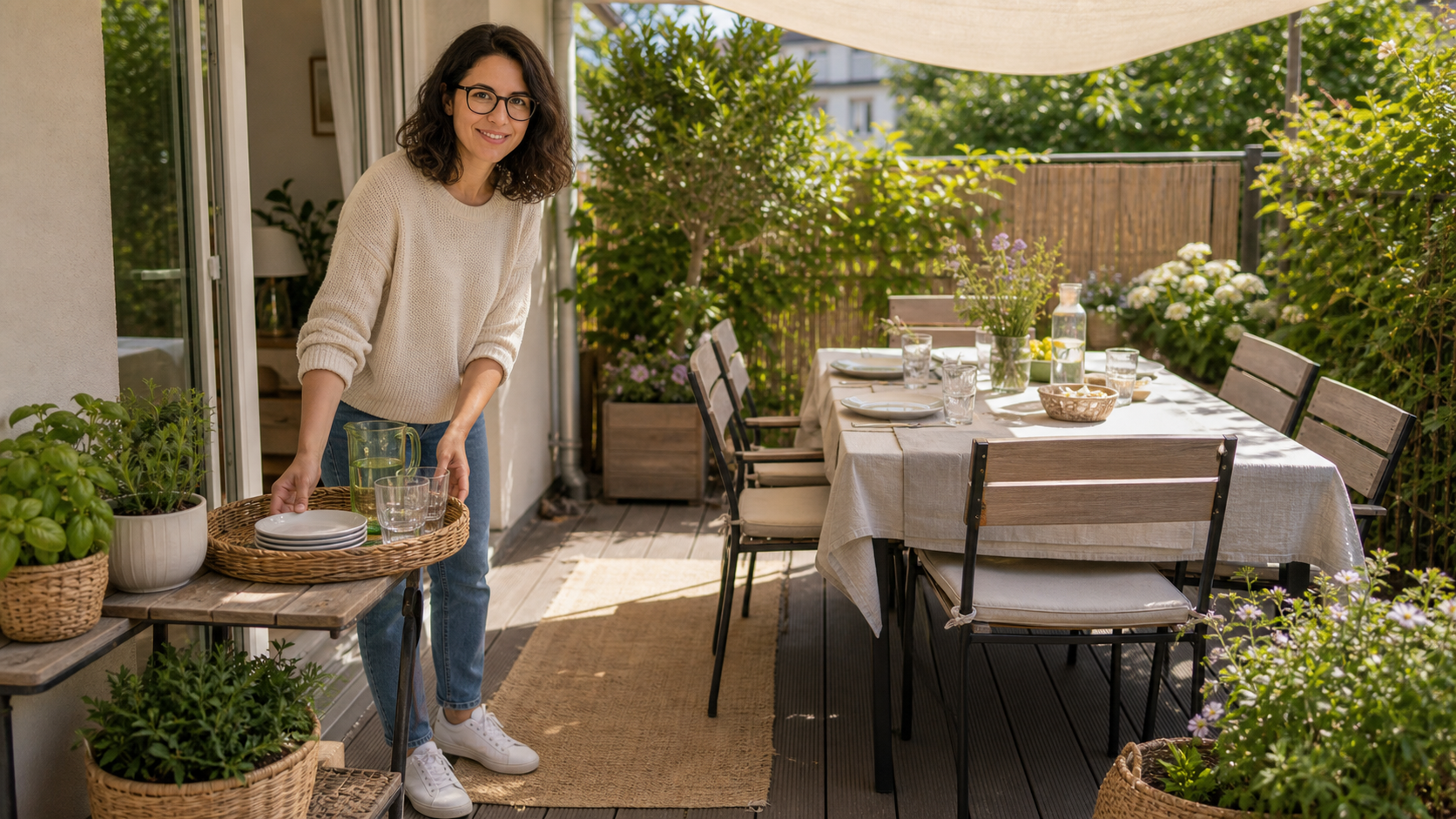 Melina Klang arrangiert einen sommerlichen Essplatz draußen mit Schatten, freiem Weg und Beistelltisch