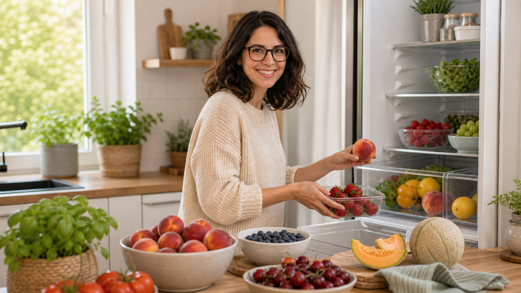 Melina Klang sortiert in einer hellen Küche Sommerobst in Schale und Kühlschrankboxen