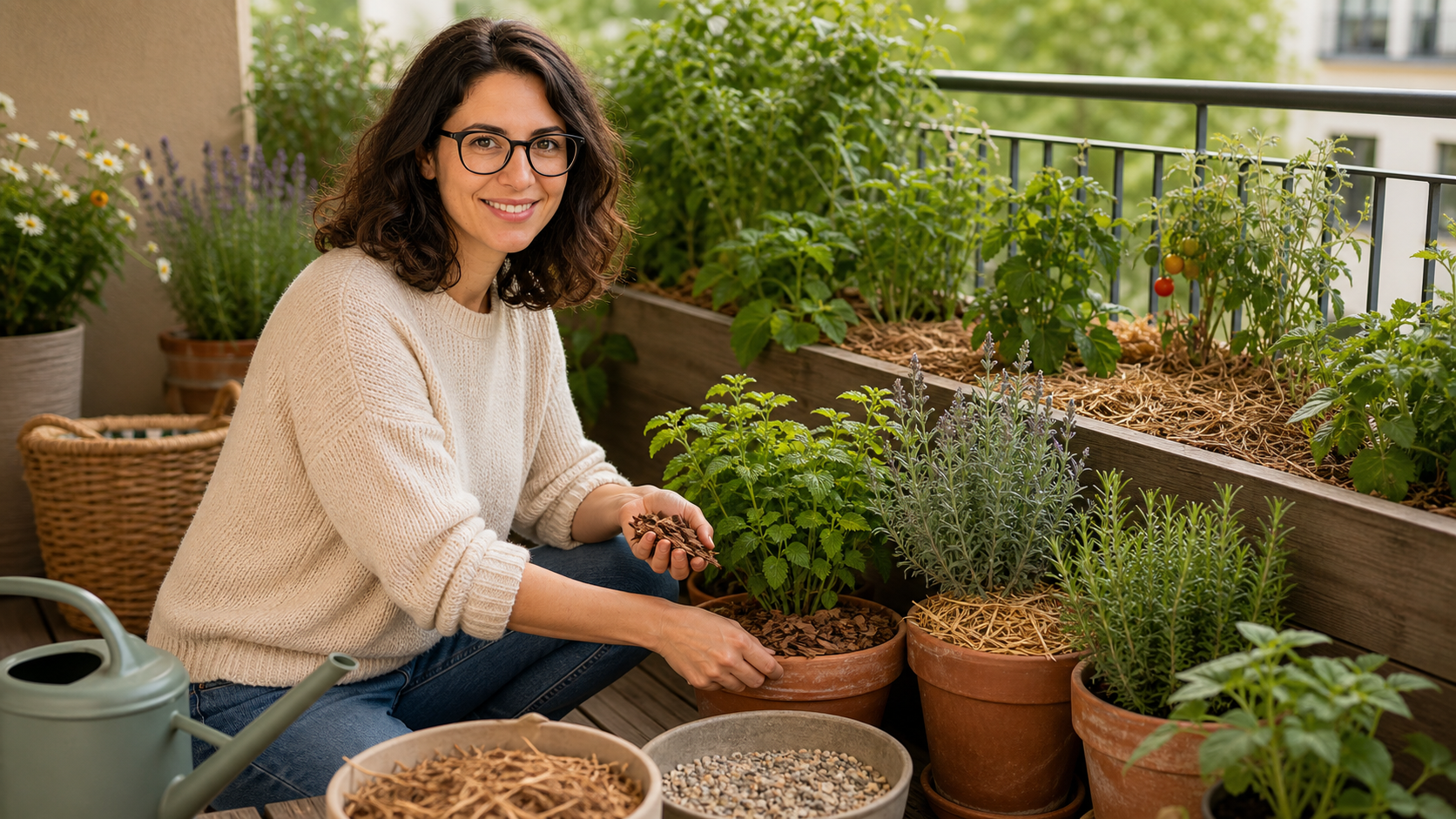Melina Klang verteilt Mulch auf der Erde von Balkonpflanzen in sommerlichen Pflanzgefäßen