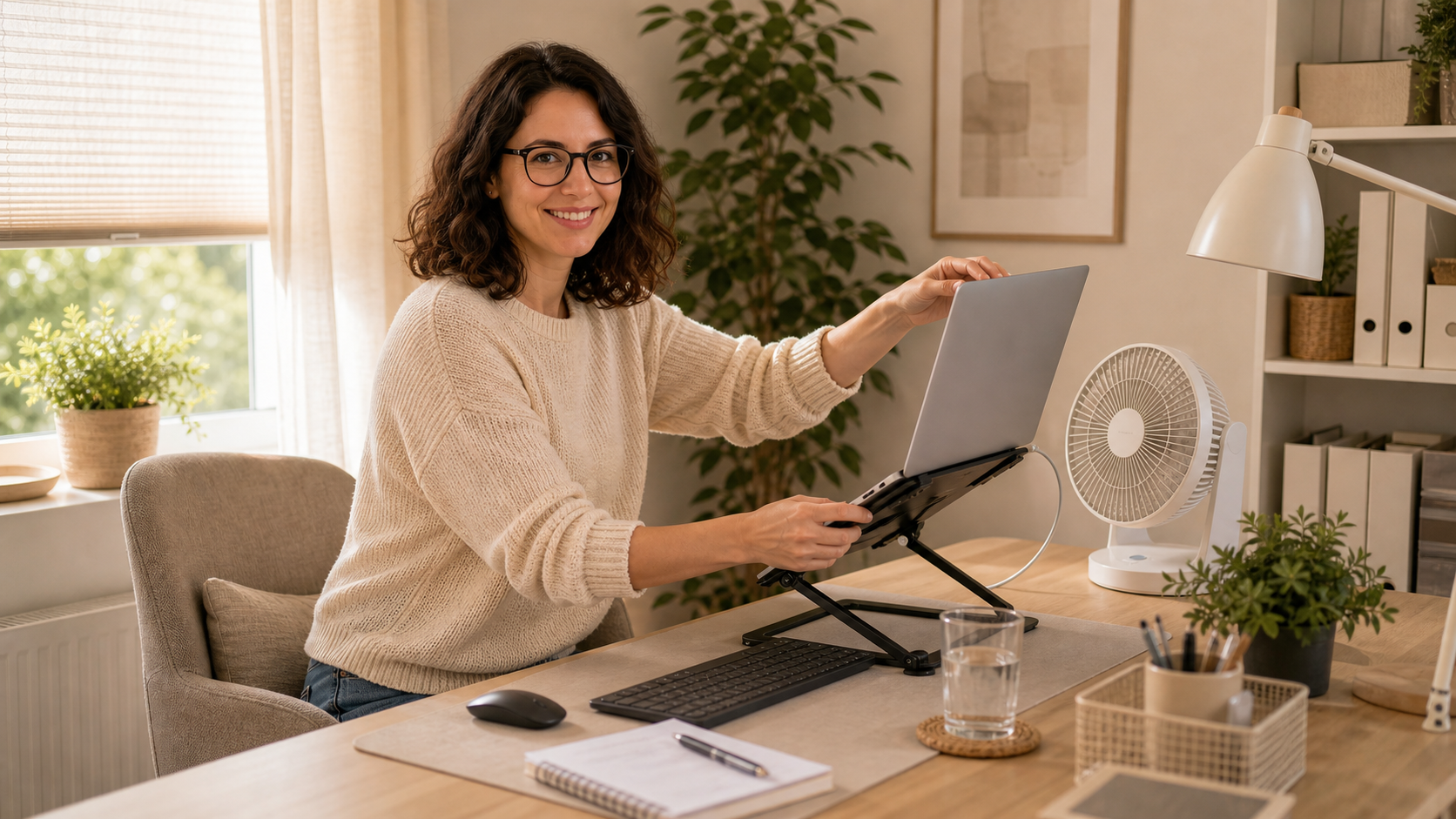 Melina Klang richtet im sommerlichen Arbeitszimmer Laptop, Schatten und Ventilator hitzefreundlich aus