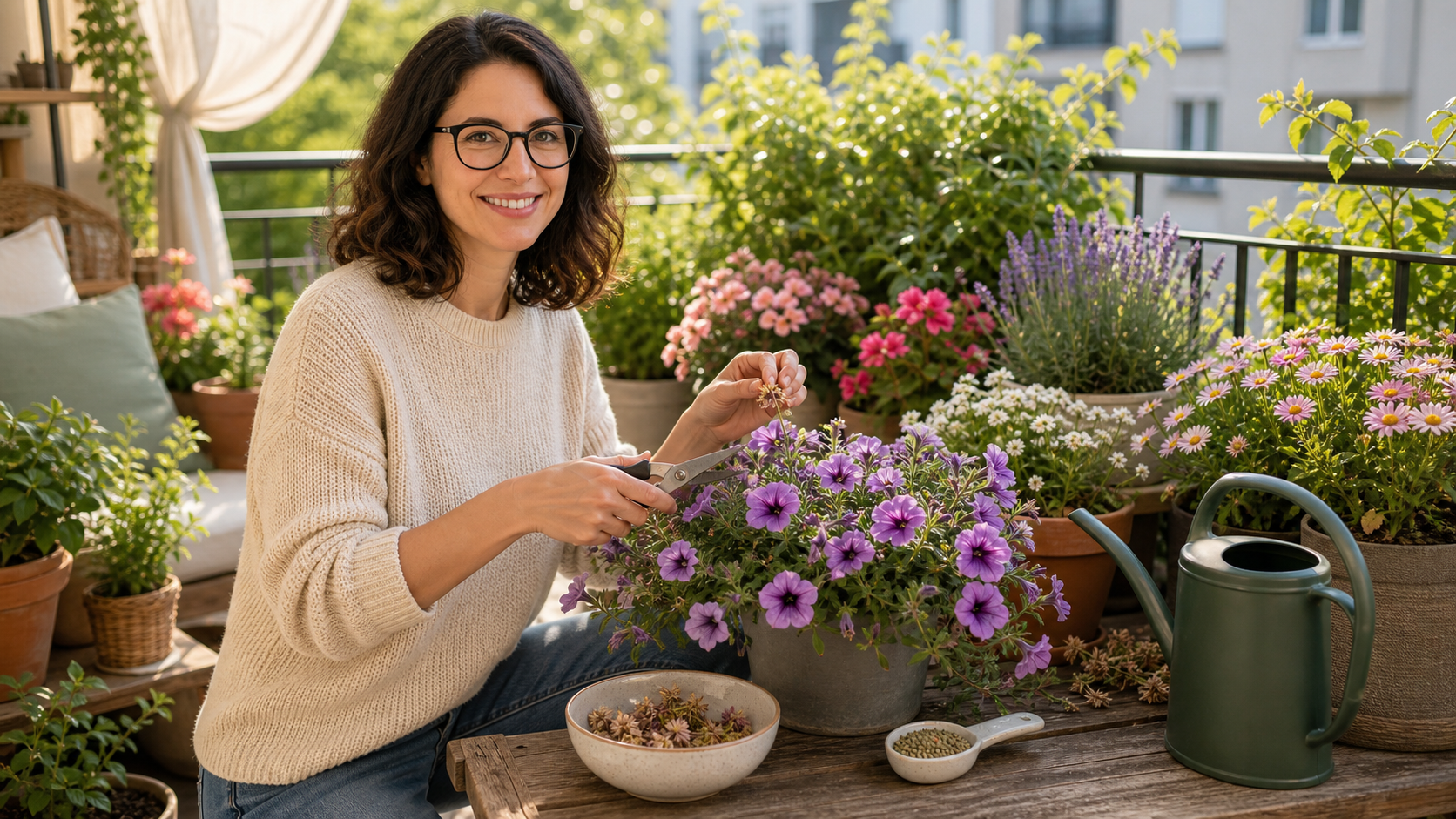 Melina Klang entfernt auf einem sommerlichen Balkon verblühte Blüten aus Pflanzgefäßen