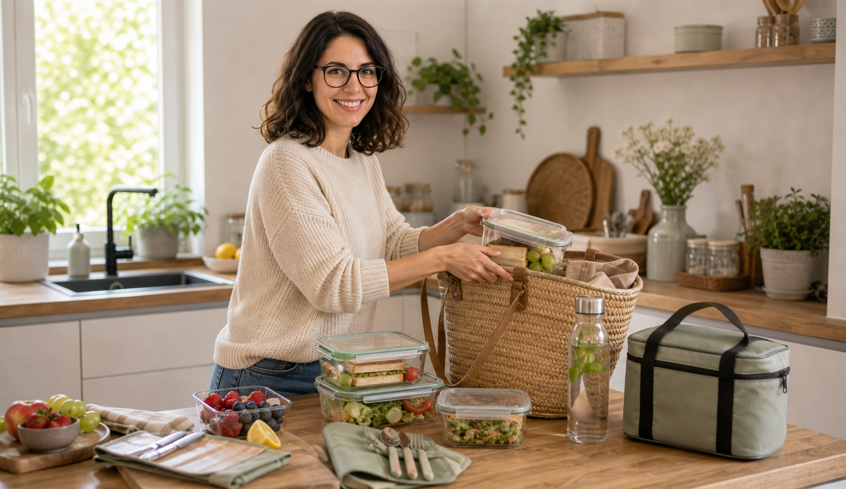 Melina Klang packt in einer hellen Küche Picknickboxen, Kühlakku und Besteckrolle in einen Korb
