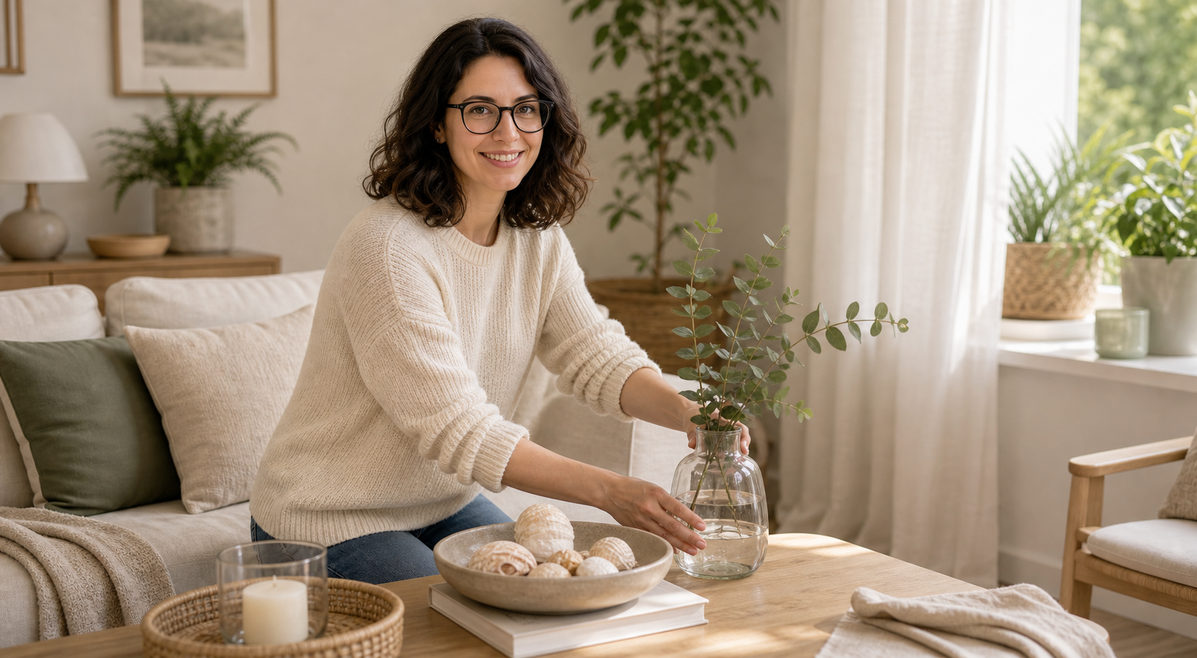 Melina Klang arrangiert im Wohnzimmer eine ruhige Sommerdeko aus Glas, Leinen und wenigen Muscheln