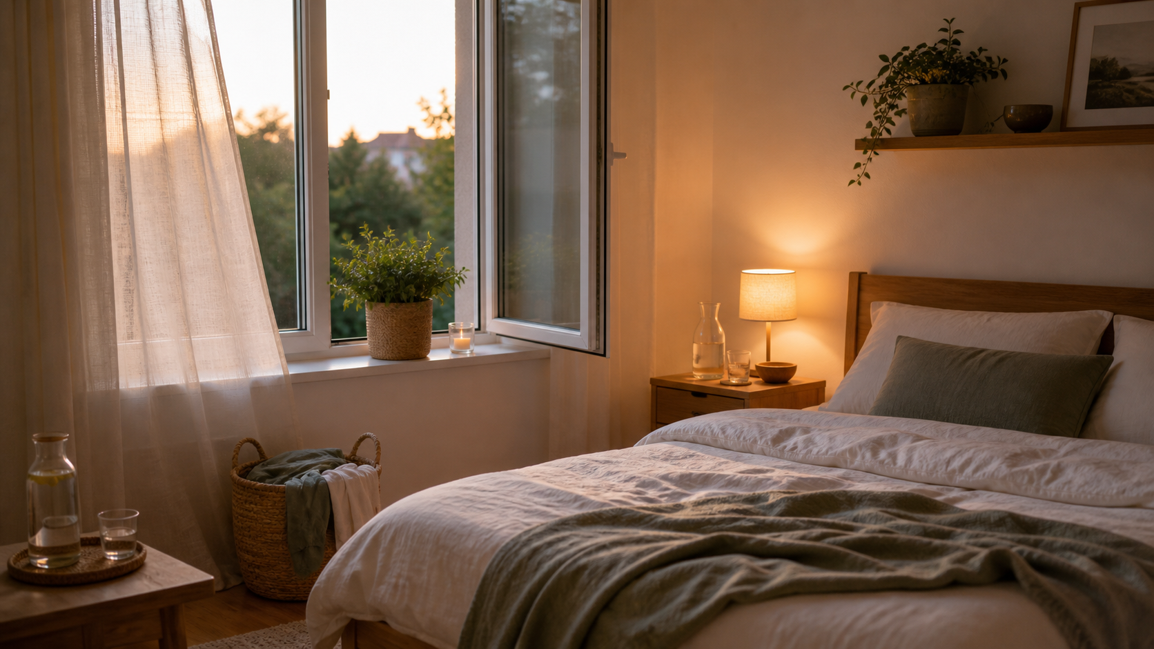 Sommerliches Schlafzimmer am Abend mit leichtem Bett, offenem Fenster, Wasser und ruhigem Nachttisch