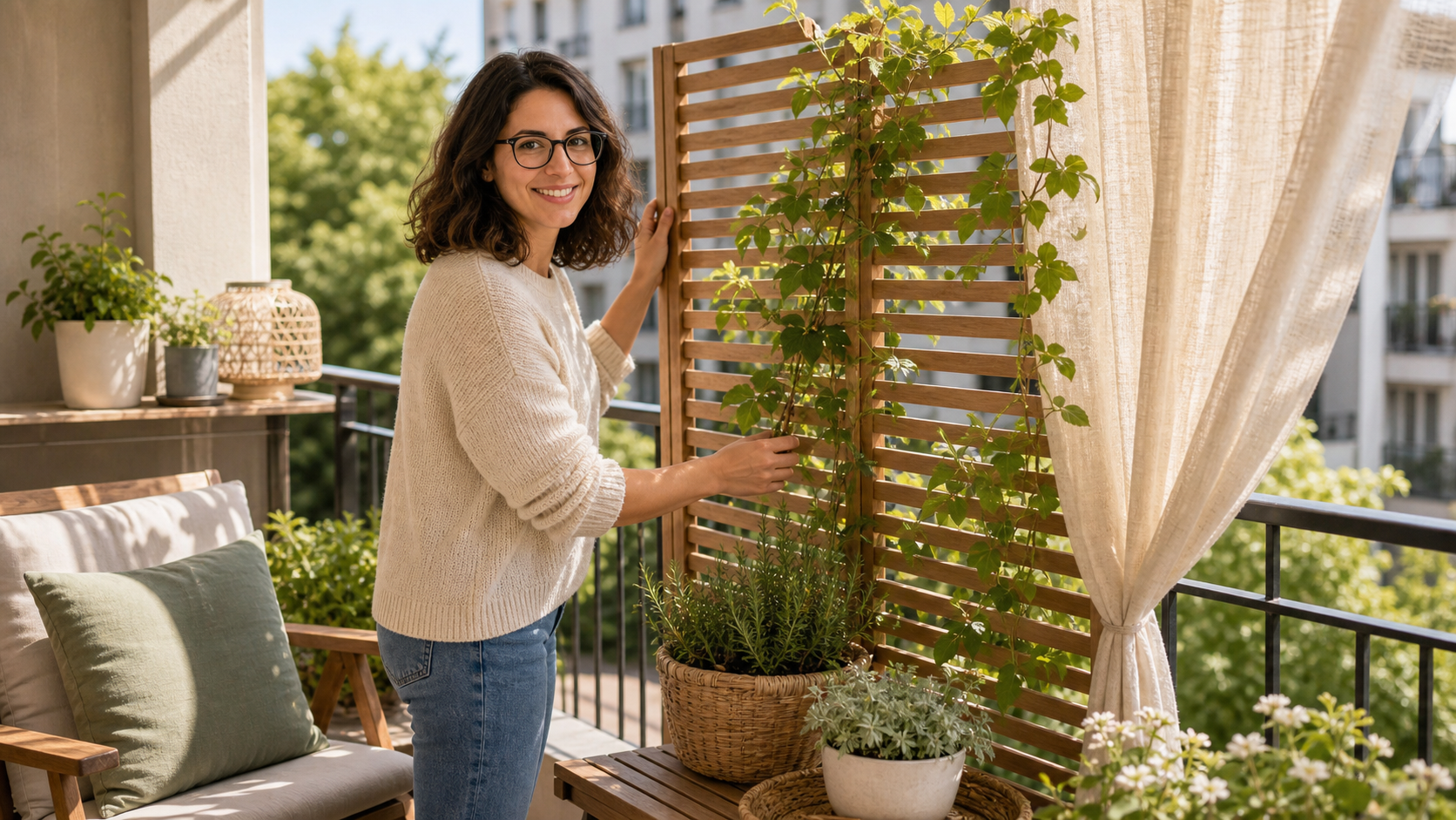 Melina Klang richtet auf einem Balkon einen luftigen Sichtschutz aus Holzlamellen und Pflanzen ein
