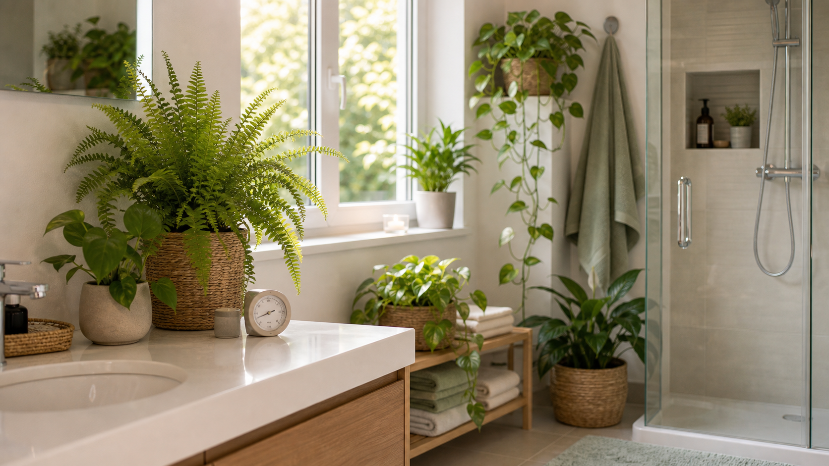 Helles Badezimmer mit passenden Grünpflanzen, Fenster und klaren Ablagen für sommerliche Luftfeuchte