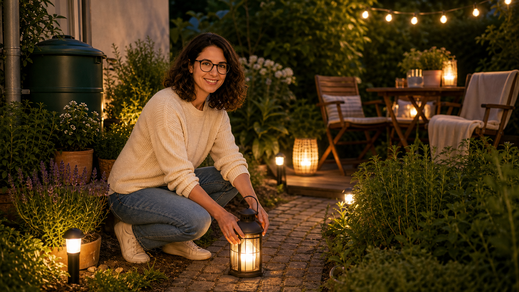 Melina Klang stellt bei sommerlicher Abendstimmung eine warme Gartenleuchte an einen sicheren Weg