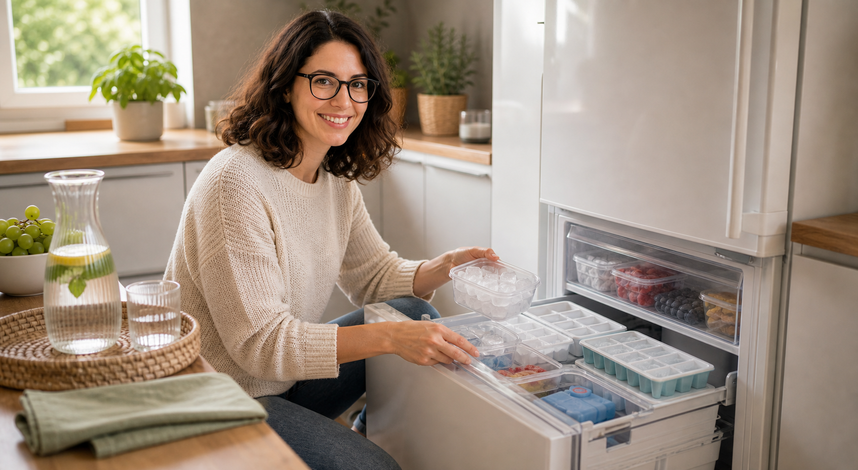 Melina Klang organisiert in einer hellen Küche Eiswürfelformen, Kühlakkus und Gefrierboxen