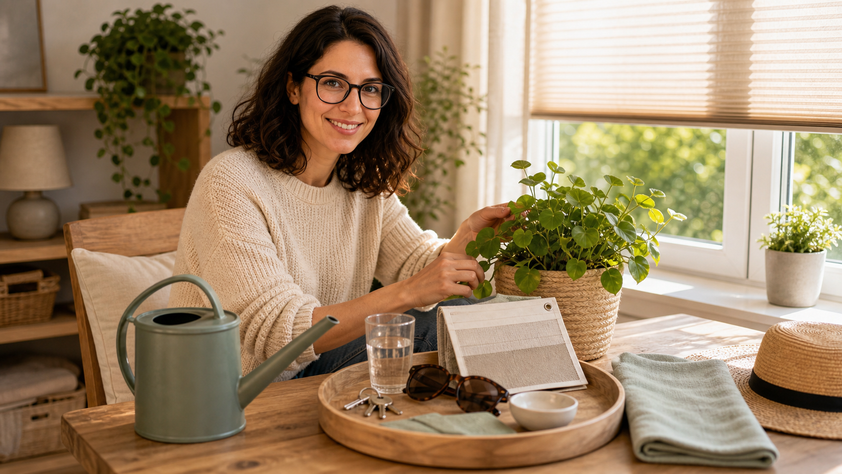 Melina Klang prüft an einem hellen Sommertisch Pflanze, Schlüssel, Sonnenschutz und Gießkanne für den Juli-Check