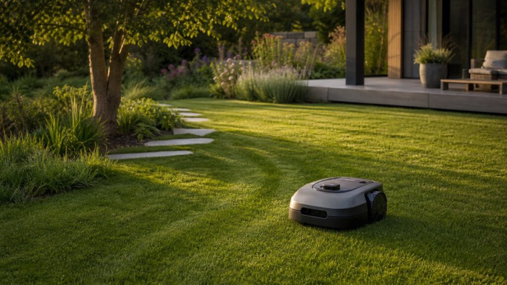 Kabelloser Mähroboter auf einem sonnigen Rasen vor einem modernen Wohnhaus