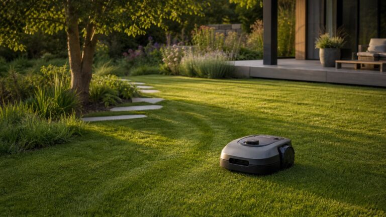 Kabelloser Mähroboter auf einem sonnigen Rasen vor einem modernen Wohnhaus