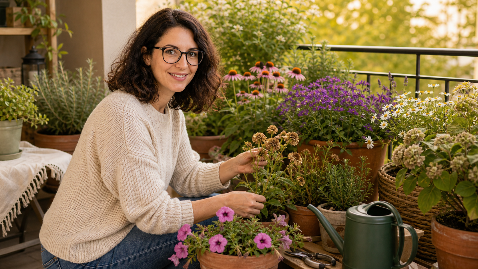 Melina Klang steht in einem spätsommerlichen Garten zwischen blühenden Stauden und ersten müden Pflanzen