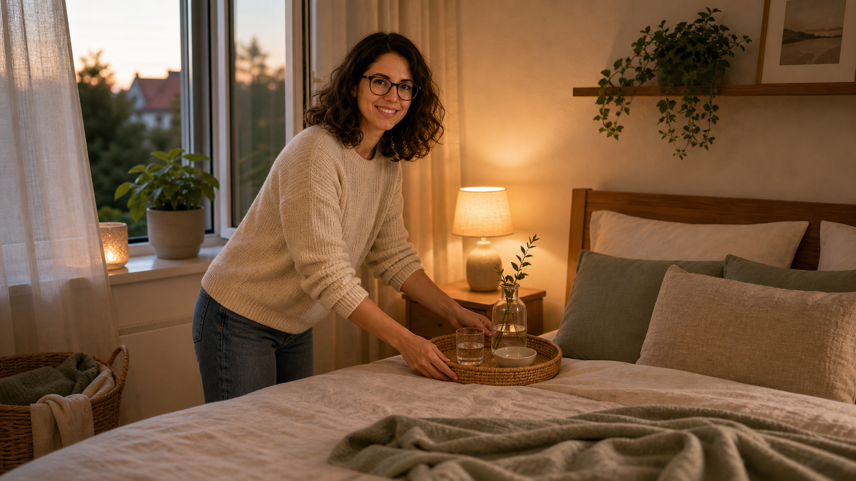 Helles Schlafzimmer am späten Sommerabend mit leichter Bettwäsche, offenem Fenster und ruhigem Nachttisch