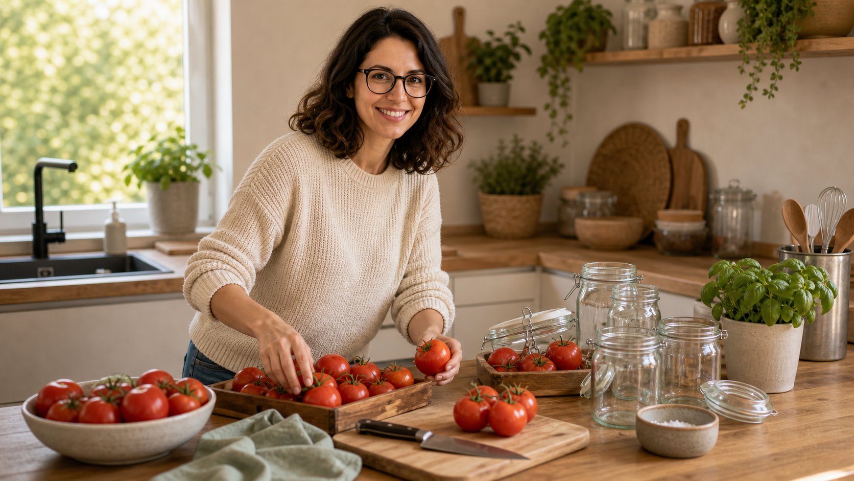 Melina Klang bereitet in einer hellen Küche Tomaten, Messer, Brett und Vorratsgläser vor