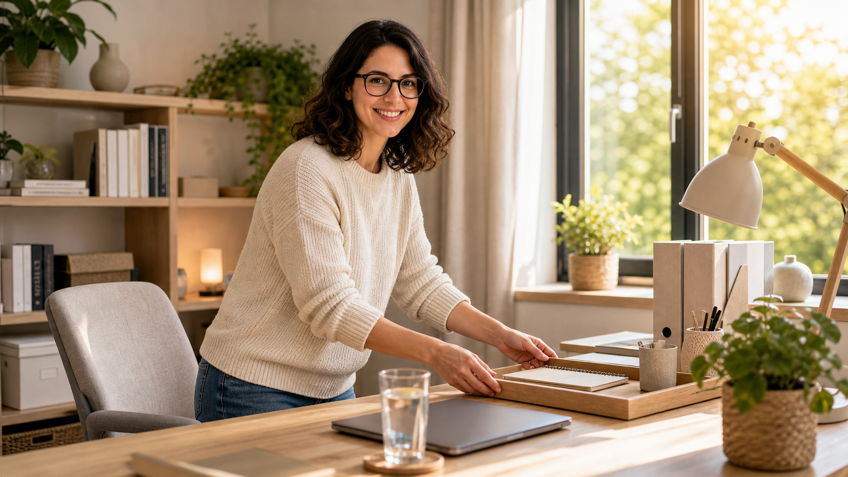 Melina Klang setzt ein helles Homeoffice nach dem Urlaub zurück mit freiem Tisch, Pflanzen und geordneten Unterlagen