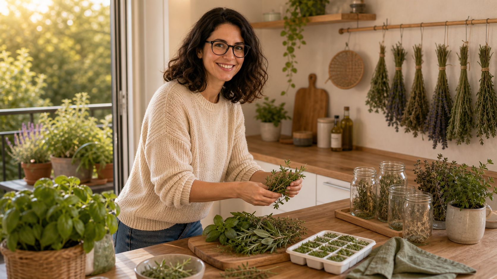 Melina Klang bündelt frische Kräuter in einer hellen Küche zum Trocknen und Einfrieren