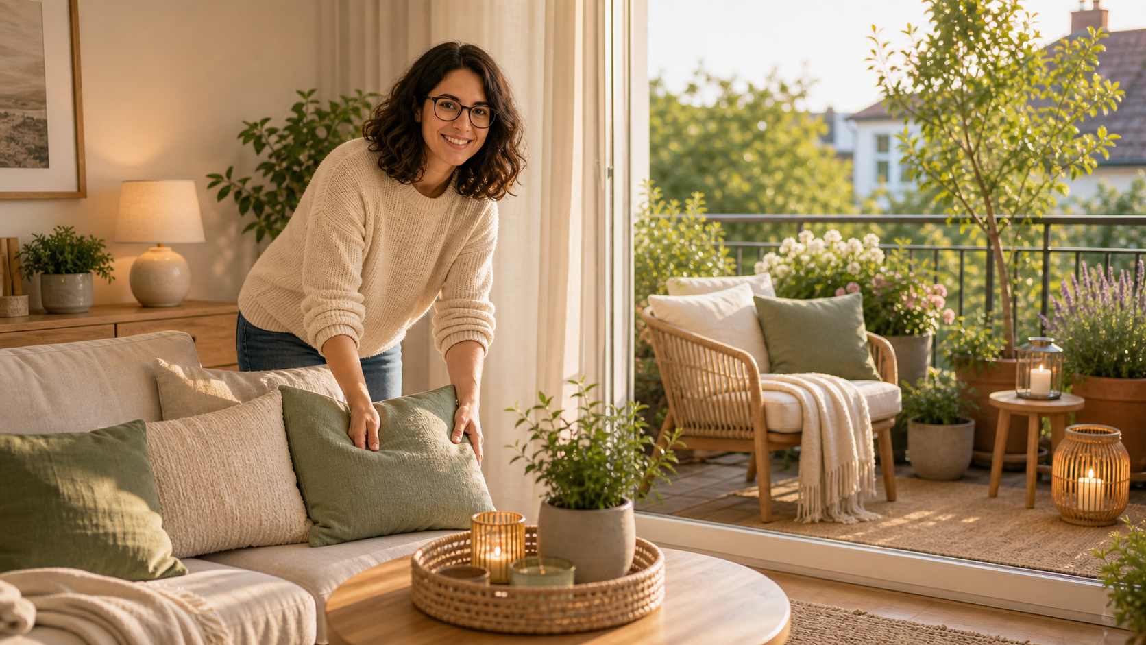 Melina Klang verbindet ein helles Wohnzimmer optisch mit dem Balkon durch Kissen, Pflanzen und offene Türen