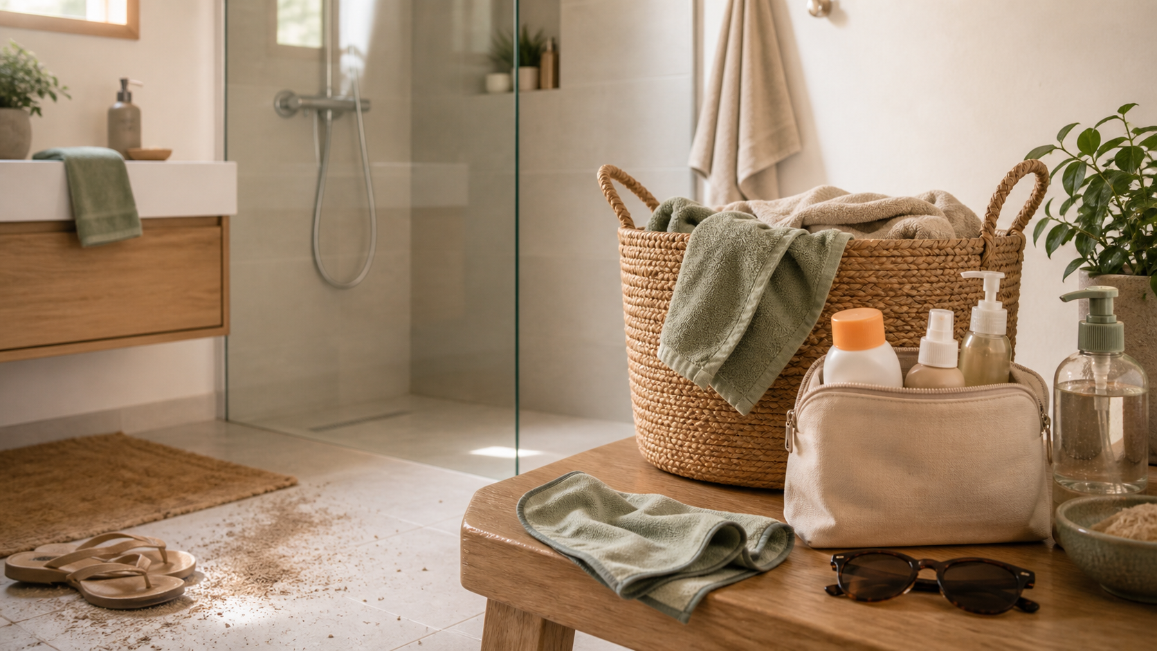 Melina Klang legt im Badezimmer nach einem Sommerausflug Handtücher, Badekleidung und Pflegeprodukte ordentlich ab