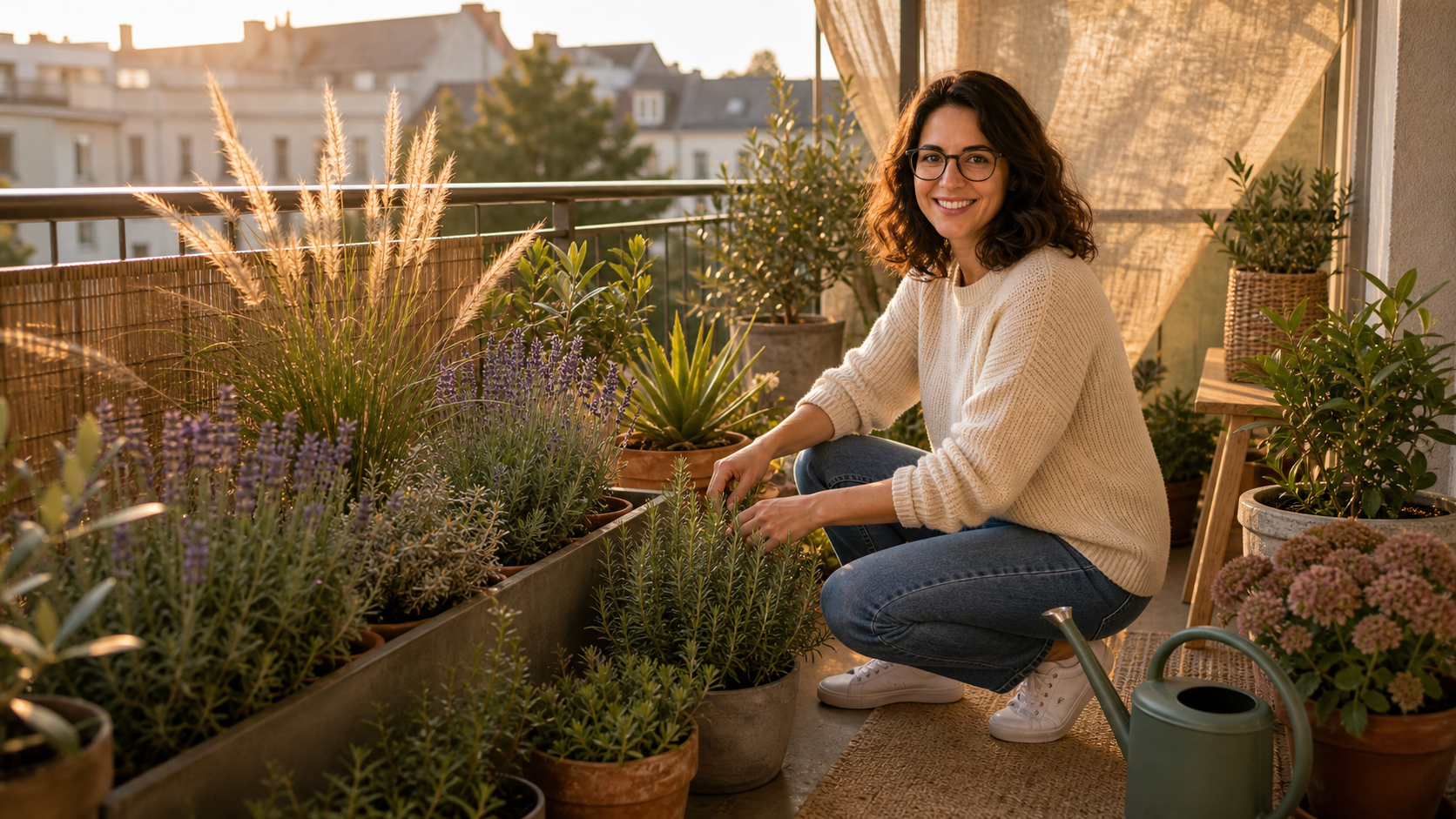 Melina Klang pflegt robuste Pflanzen auf einem sonnigen Südbalkon im Hochsommer