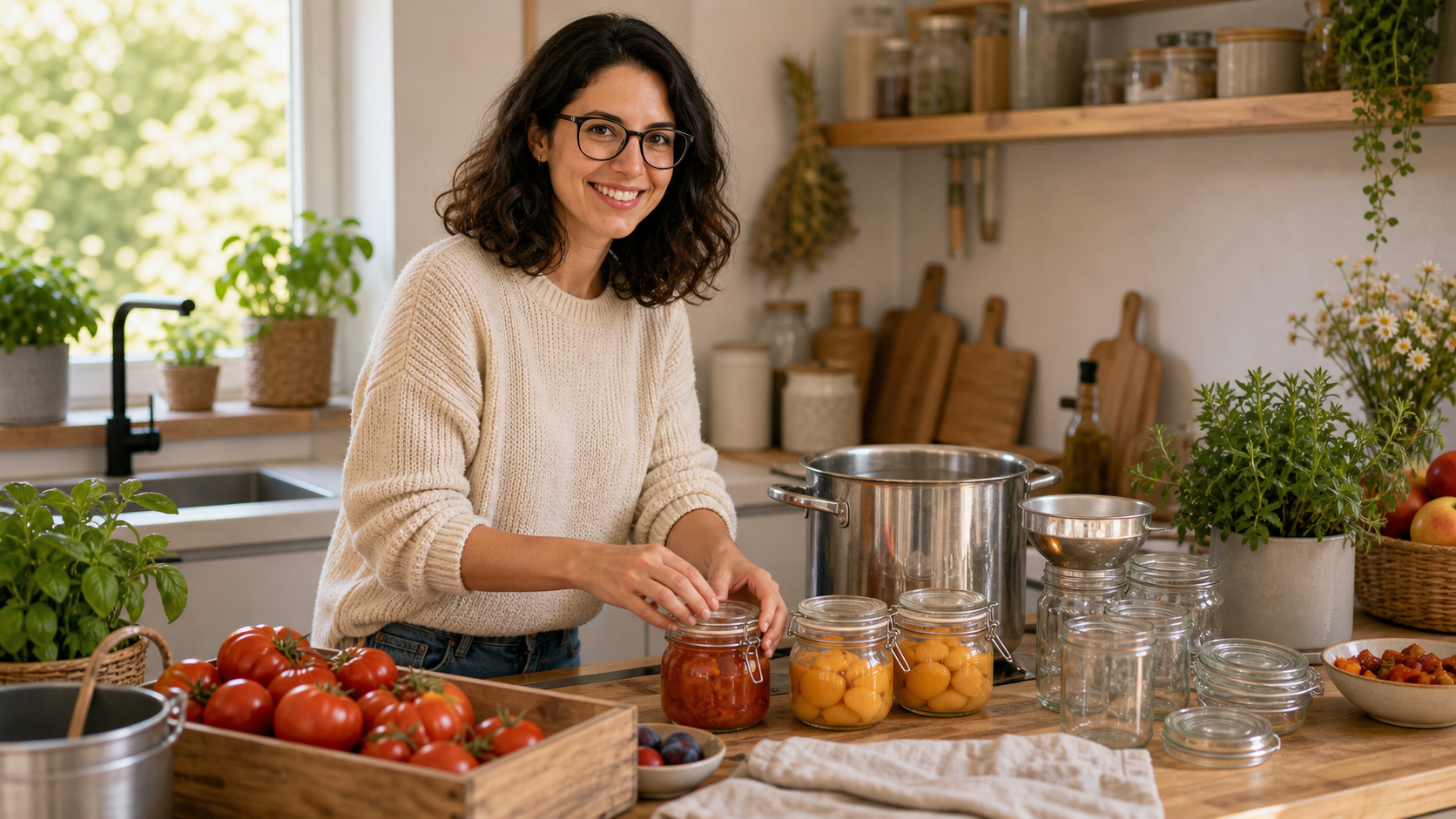 Melina Klang bereitet in einer kleinen hellen Küche Gläser, Obst und Töpfe zum Einmachen vor