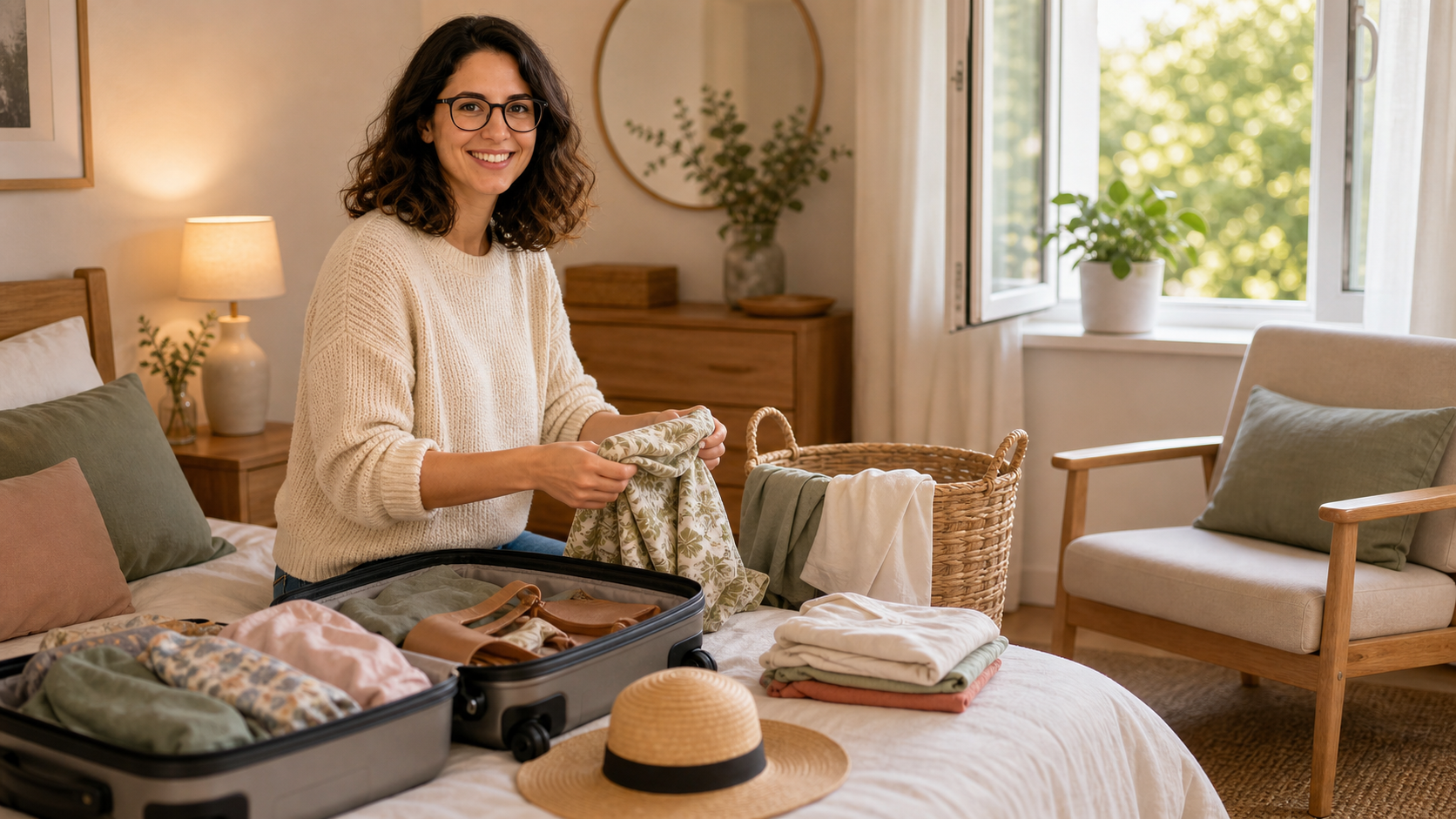 Melina Klang sortiert Kleidung im Schlafzimmer nach dem Urlaub und räumt den Kleiderstuhl frei