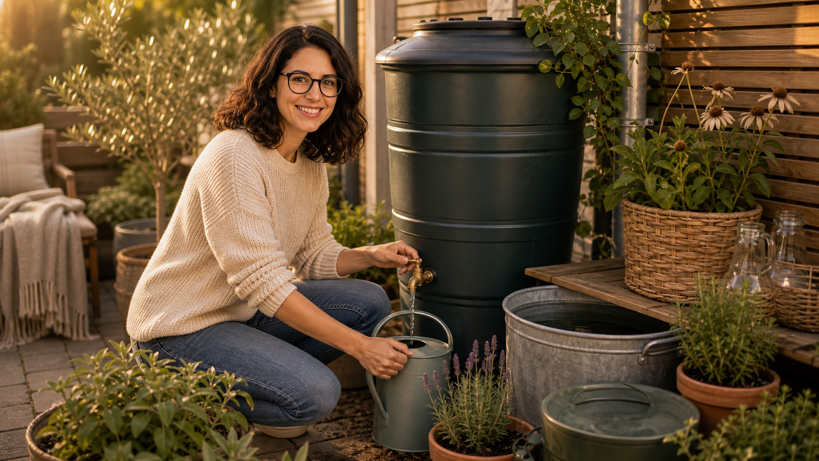 Melina Klang sammelt Wasser im Garten mit Regentonne, Gießkanne und kleinen Gefäßen für trockene Wochen