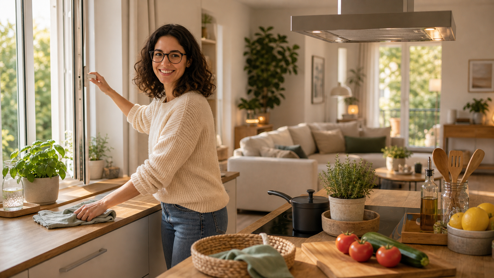Melina Klang ordnet eine offene Küche im Sommer mit Fenster, Arbeitsfläche und Wohnbereich im Hintergrund