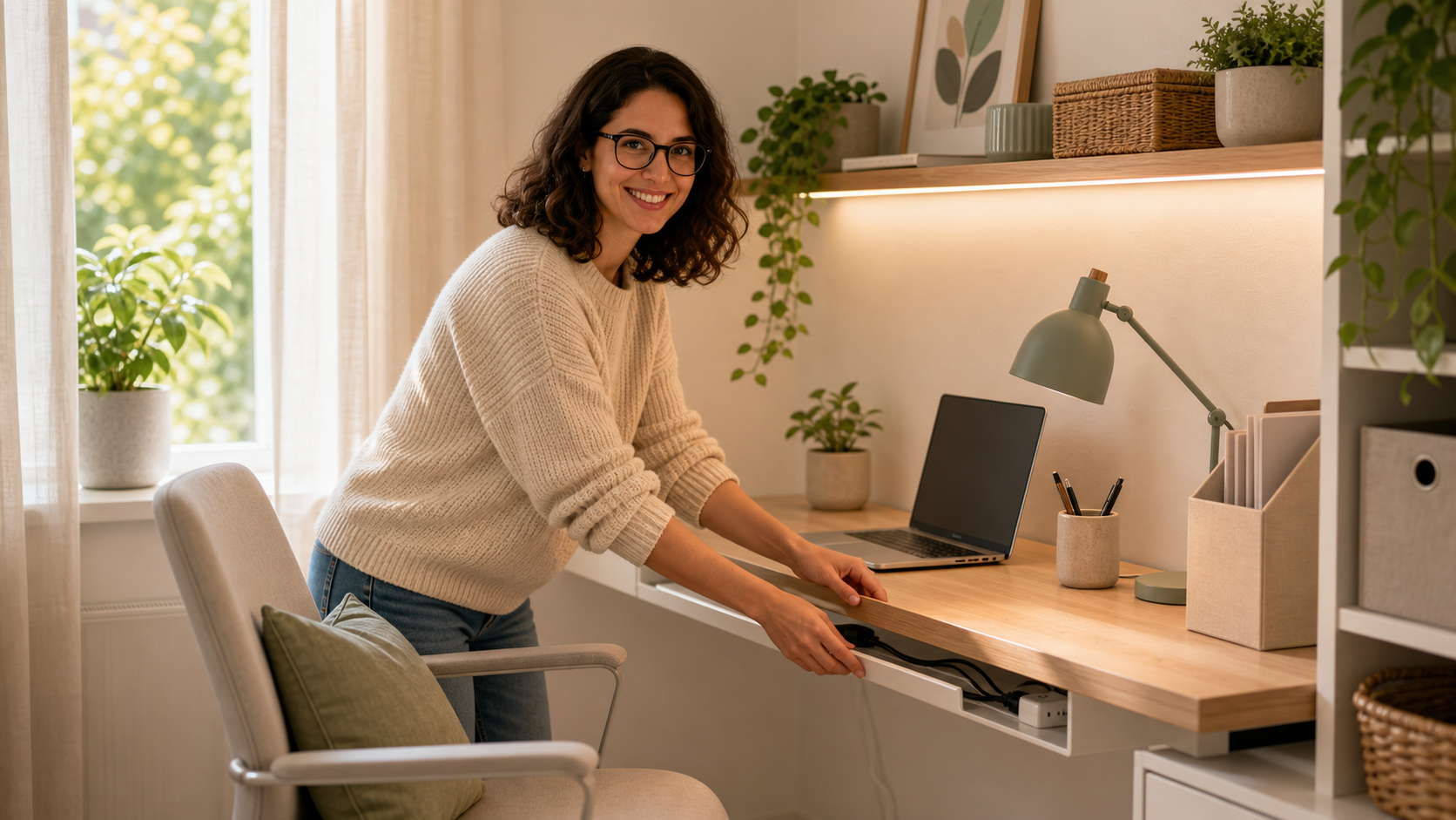 Melina Klang gestaltet ein kleines Arbeitszimmer mit hellem Schreibtisch, Kabelordnung und ruhiger Wandfarbe