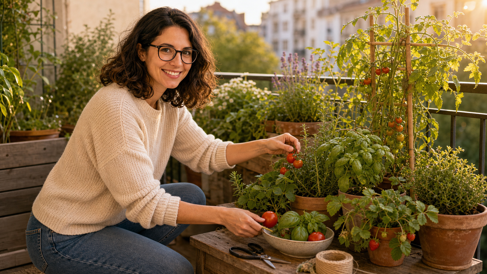 Melina Klang erntet Tomaten und Kräuter auf einem Balkon und pflegt die Pflanzen nach