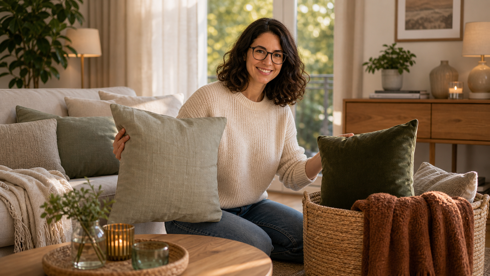 Melina Klang vergleicht im Wohnzimmer leichte Leinentextilien mit Samt und wählt spätsommerliche Stoffe aus