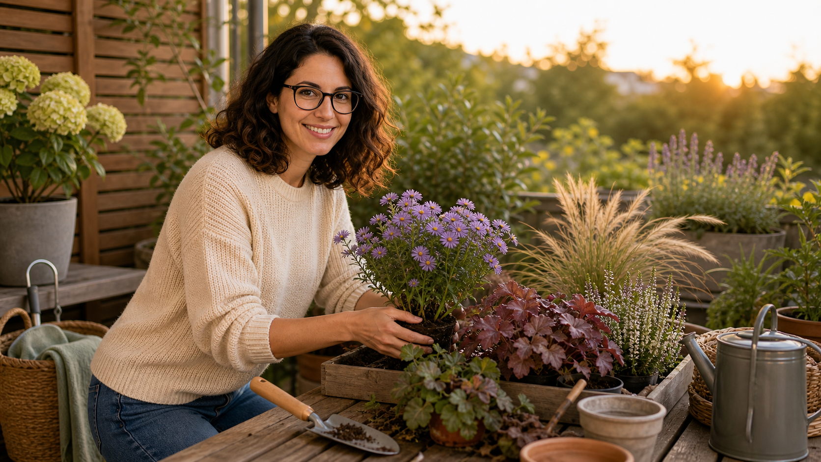 Melina Klang setzt Ende August erste Herbstpflanzen in Beet und Kübel im spätsommerlichen Garten