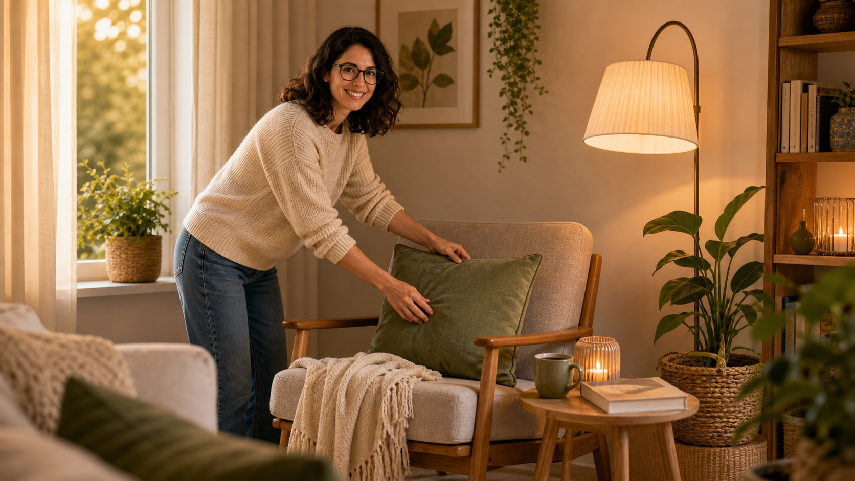 Melina Klang richtet im Wohnzimmer einen Lesesessel mit Lampe, kleinem Tisch und spätsommerlicher Atmosphäre ein