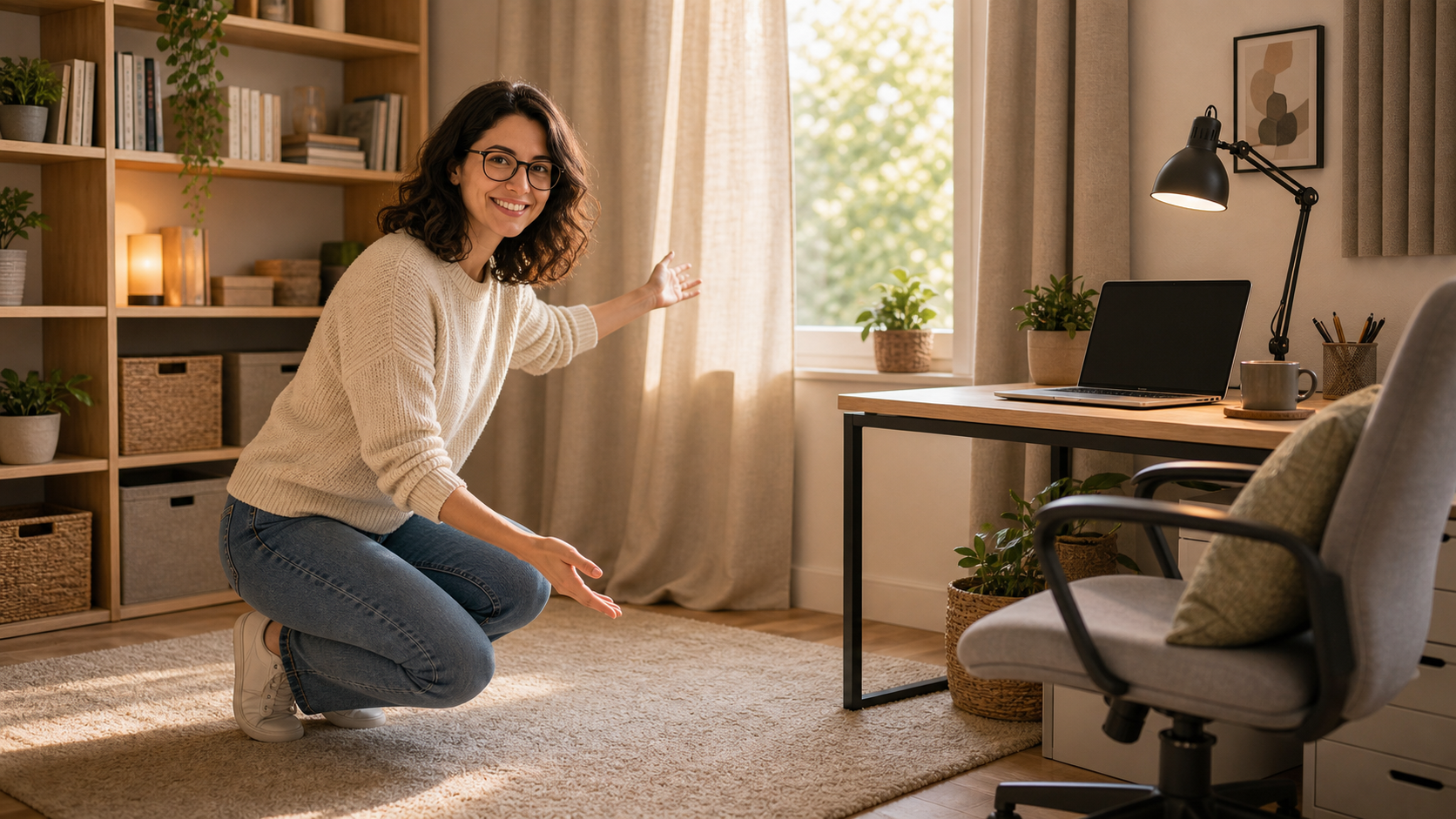 Melina Klang verbessert die Akustik im Homeoffice mit Teppich, Vorhang und Regal