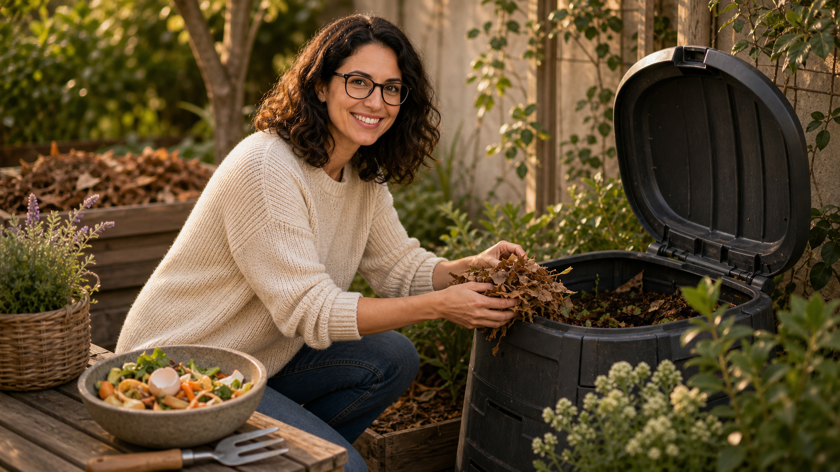 Melina Klang prüft im spätsommerlichen Garten einen Kompost mit Küchenresten und trockenem Material