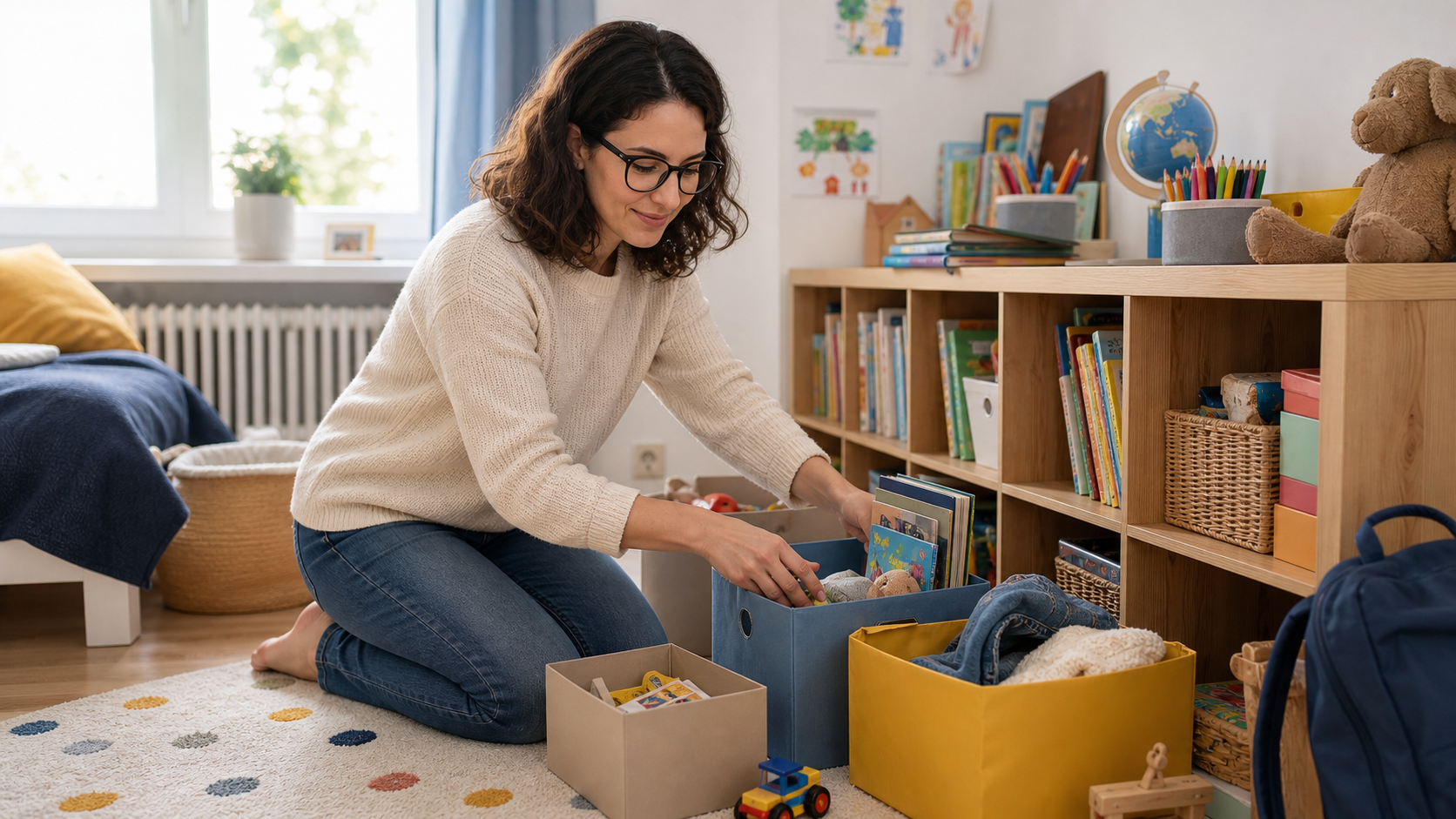 Melina Klang sortiert im Kinderzimmer nach den Ferien Bücher, Spielzeug und Schulmaterial in Kisten