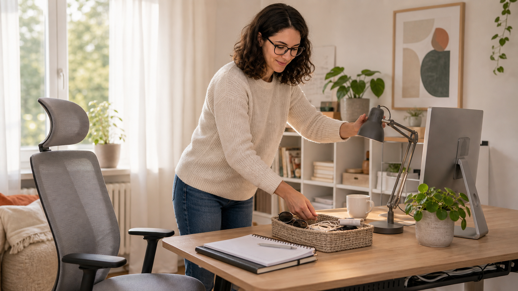 Melina Klang richtet im Homeoffice Lampe, Schreibtisch und Kabel für fokussiertes Arbeiten im September aus