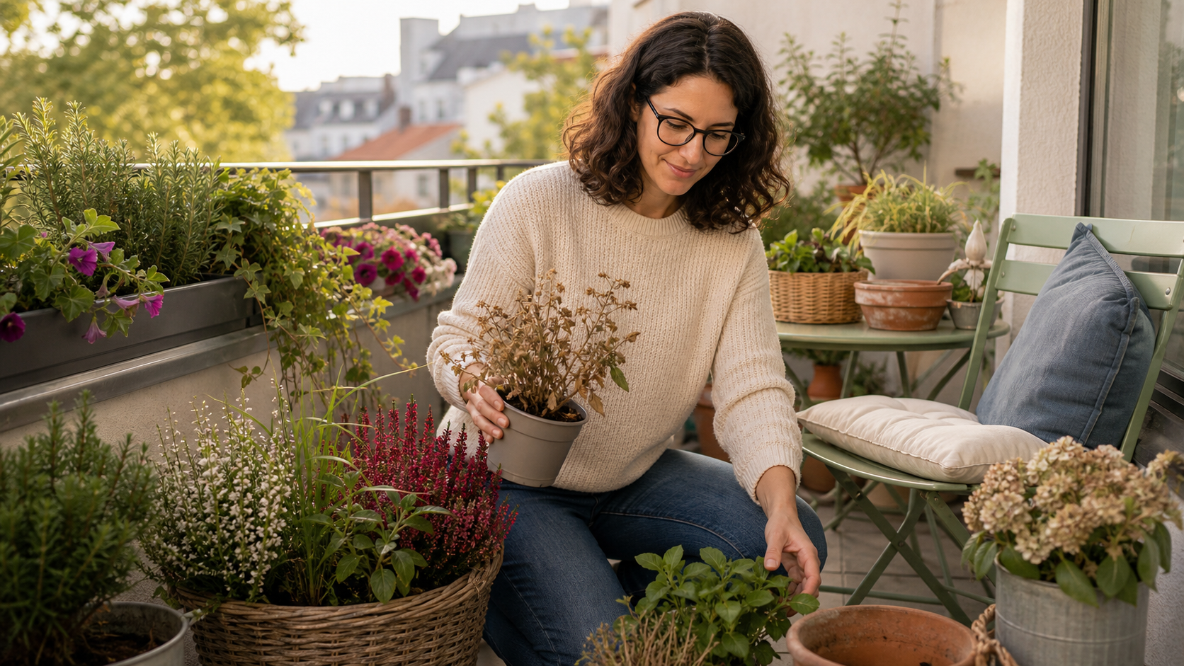 Melina Klang sortiert auf einem Balkon im September Sommerpflanzen, Herbstpflanzen und Pflanzgefäße